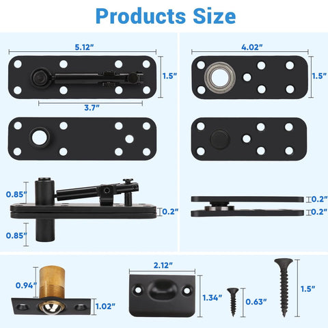 Beefy Hidden Door Hinge Pivot Kit 570 Lbs Heavy Duty Invisible Door Hardware components and dimensions, metal parts shown.