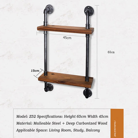 Hella Durable Industrial Pipe Wall Shelf Heavy Duty Two Tier Floating Bookshelf with malleable steel and wood, 65cm tall.