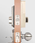 Side view of Keypad Deadbolt Lock With Backlit Keypad For Keyless Entry, Satin Nickel, attached to door, showcasing auto lock feature.