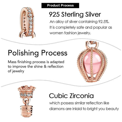 Pink Hot Air Balloon Charm In Rose Gold Plating For Bracelets And Necklaces Sparkling Pink Crystal Beaded Rope Charm With Cubic Zirconia Pave Accents Dope Rose Gold Jewelry Accessory showcased with sterling silver composition and polishing details
