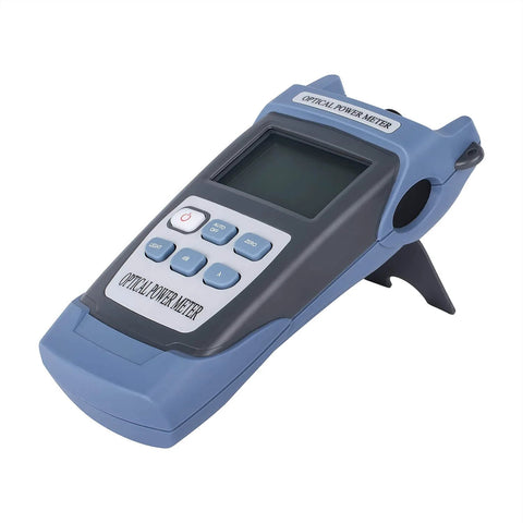 Handheld Optical Power Meter With SC FC Connector For Fiber Optic Testing, angled view on white background