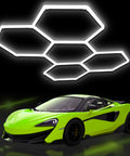 Hexagon Garage Lights LED 25 Pack 220W 26400LM 6500K Daylight White Ceiling Lighting installed above a sports car