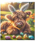 Cute Highland Cow with bunny ears among colorful Easter eggs and tulips in a sunlit field
