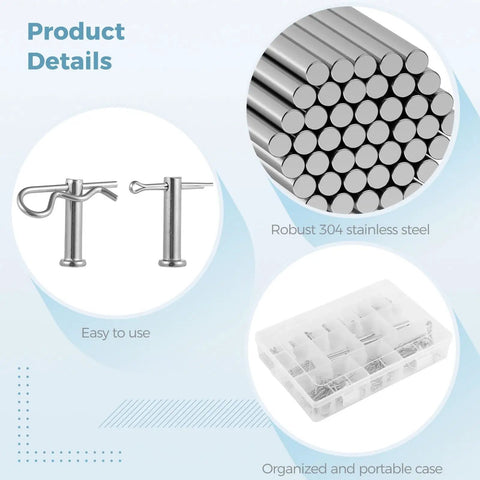 122 Piece Pins Assortment Kit For Auto And Trucks, 304 stainless steel clevis pins, cotter pins, and R clips with organized case