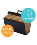 Heavy Duty Legal Size File Organizer Box With 19 Deep Pockets And Reinforced Mylar Gussets, black with tabs visible.