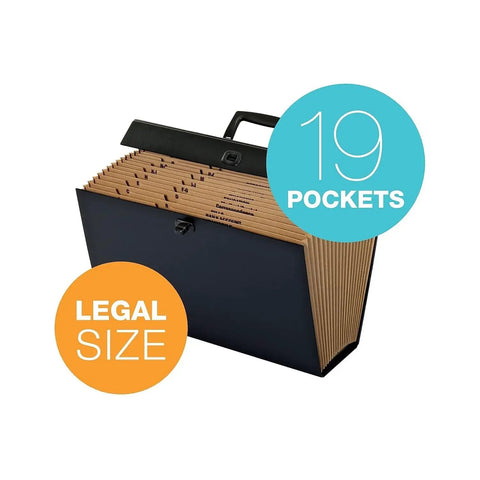 Heavy Duty Legal Size File Organizer Box With 19 Deep Pockets And Reinforced Mylar Gussets, black with tabs visible.