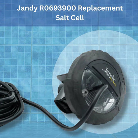 TruClear Salt Cell Replacement For Pro Series 11K Systems, R0693900 Cell Assembly, black cable, blue tile background