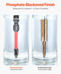 Dang Tough 101 Piece Screwdriver Bit Set Heavy Duty S2 Steel Magnetic Phillips Torx Hex Bits shown in waterproof test, black coated vs rusted.
