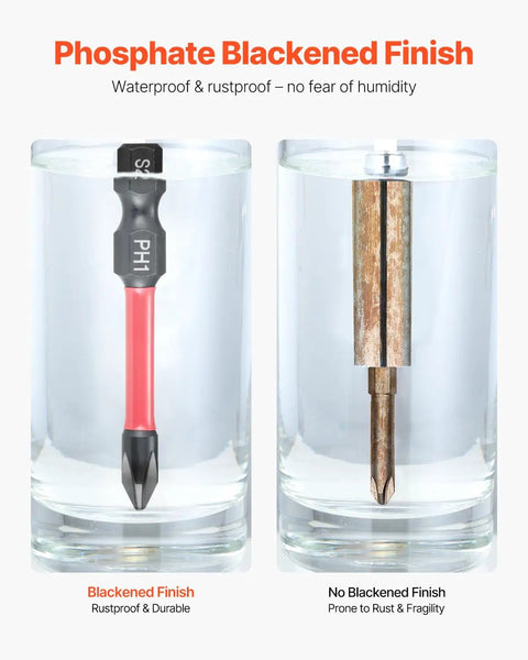 Dang Tough 101 Piece Screwdriver Bit Set Heavy Duty S2 Steel Magnetic Phillips Torx Hex Bits shown in waterproof test, black coated vs rusted.