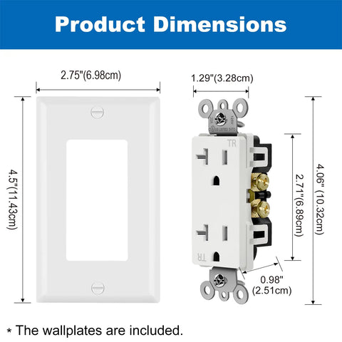 Dimensions of 10 Pack 20 Amp Decor Wall Receptacles With Tamper Resistant Shutters, 20A 125V TR Electrical Outlets With Wall Plates