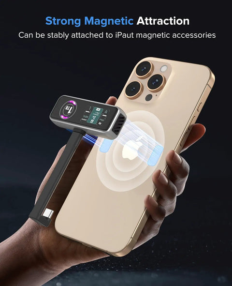 Magnetic Portable SSD 1TB With Built In Fan, USB 3.2 Gen2 Up To 990MB/s shown attached magnetically to iPhone for video recording
