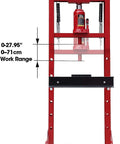 Heavy Duty 20 Ton H Frame Hydraulic Shop Press Shop Dog featuring adjustable table with a visible work range up to 27.95 inches.