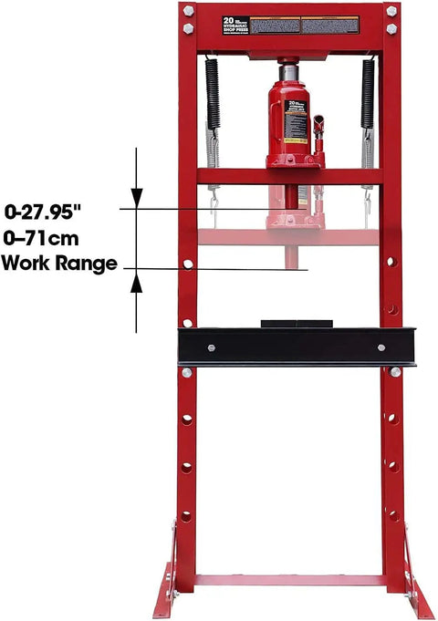 Heavy Duty 20 Ton H Frame Hydraulic Shop Press Shop Dog featuring adjustable table with a visible work range up to 27.95 inches.