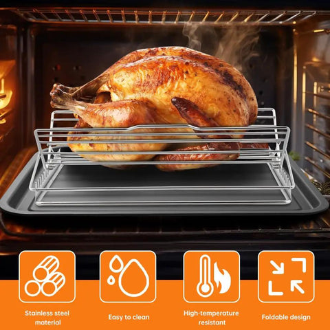 Adjustable Chicken and Turkey Roasting Rack With Foldable Stainless Steel V Shaped Stand Nonstick Surface Grill Ready