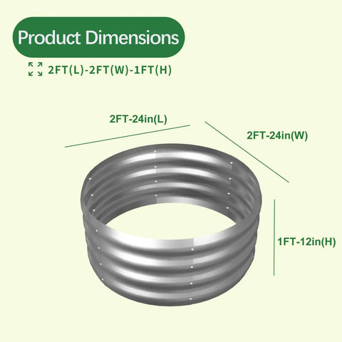 Diagram showing Galvanized Garden Bed Kit dimensions: 2x2x1 ft, round rust-resistant steel planter for vegetables, herbs, flowers.