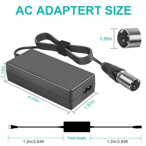 60W Lithium Scooter Battery Charger dimensions with 3-pin XLR plug, compatible with Jazzy Power Chair Schwinn S300 S500