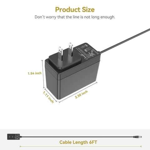 5V AC Power Adapter For Arcade1Up Plug And Play Pac Man Counter Cade Arcade Machines And Ms Pac Man Table Top Units 2A Power Supply Not For 12V Version Compatible With 8295 Pac Man Counter Cade Arcade Machine And Ms Pac Man 40th Edition Table Top showing dimensions and 6 ft cable length.