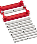 Top Tier Stainless Steel Center Gauge For Woodworking With Hella Sturdy Interchangeable Inch And Metric Marking Rods For Dead Accurate Hole Punch Locator Layout with red parts and multiple rods.