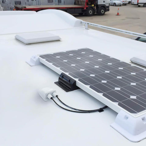 Go-To Dual Cable Gland Waterproof Box for solar panels with roof mount kit installed on van roof, showing cable entry