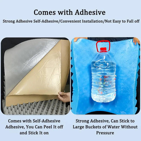 Premium Peel And Stick Acoustic Foam Panels adhesive backing shown, demonstrating strong stickiness with a water bottle.