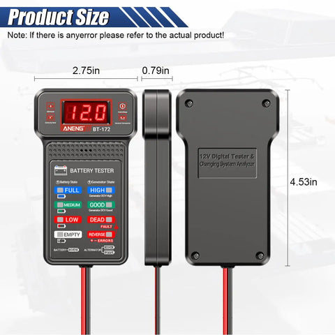 12V Car Battery Tester and Alternator Charging System Analyzer With Real Time Voltage Battery Health Check And DIY Friendly Electrical Diagnostic Tool For Quick Easy Vehicle Power Troubleshooting, 2.75x4.53in