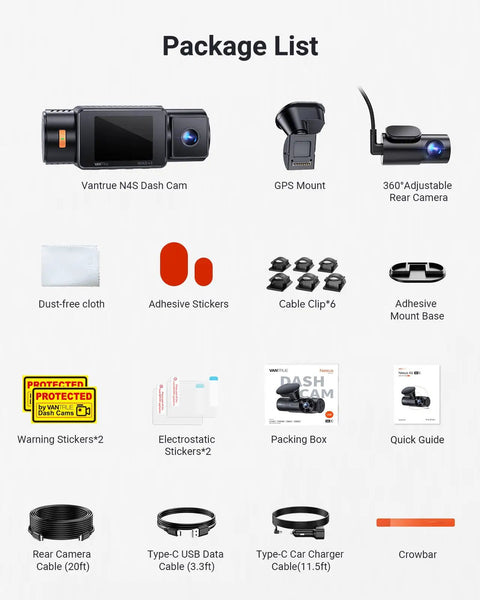 N4S 3 Channel Dash Cam With 2.7K Front, 1440P Interior And 1440P Rear Video package content display