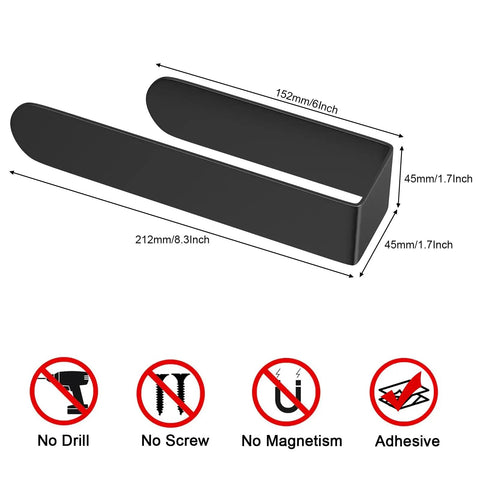 Dimensions diagram of the Stainless Steel Self Adhesive Hand Towel Bar For Wall Mount Black Modern Towel Holder That Sticks To Smooth Surfaces No Drills Quick Install Rustproof Bathroom Accessory with no drill or screw icons.