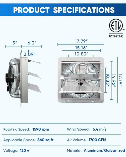14 Inch Automatic Shutter Exhaust Fan With Power Cord 1950 CFM Aluminum Wall Mount product specifications diagram.