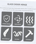Glass door hinge info card showing icons: optimal material, good quality, strong, wear-resistant, no burrs, convenient.