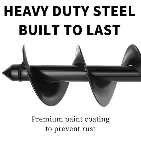 Close-up of Long Handle Garden Auger Drill Bit Set For Planting 3x24 Inches, heavy-duty steel, rust-resistant coating.
