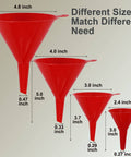 Four Piece Plastic Funnel Set With Nesting Design in Red showing mini, small, medium, large sizes with dimensions labeled.