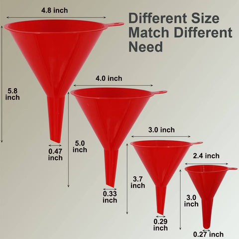 Four Piece Plastic Funnel Set With Nesting Design in Red showing mini, small, medium, large sizes with dimensions labeled.
