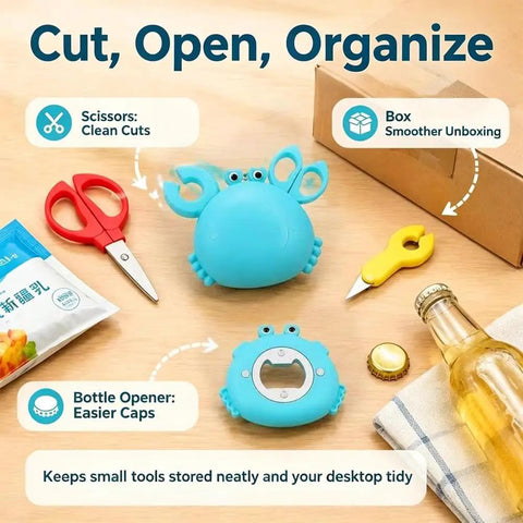 Magnetic Crab Shaped 4-in-1 Multi Tool Box Cutter with Bottle Opener and Handy Mini Scissors on wooden table