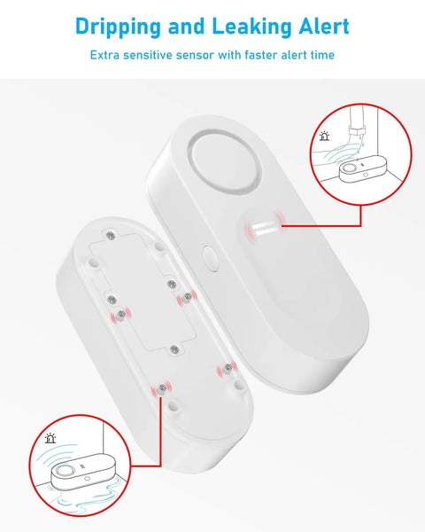 Five Pack Water Leak Sensor Kit With WiFi Gateway, 120dB Alarm And Real Time App Alerts, showing extra sensitive sensor details.