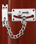 Heavy Duty Stainless Steel Door Security Chain Tough As Nails Anti Theft Holdup Lock attached to wooden door.