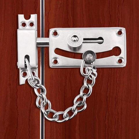 Heavy Duty Stainless Steel Door Security Chain Tough As Nails Anti Theft Holdup Lock attached to wooden door.