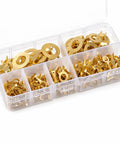 Top Shelf Heavy Duty Non Insulated Ring Terminals Solid Brass O Style Wire Connectors Pro Pack M3 Plus M4 M5 M6 M8 M10 Real Deal 150 Piece Electrical Crimp Kit organized in clear storage box.
