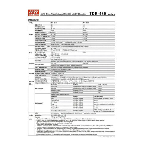 Beefy 480W 48V 10A Three Phase DIN Rail Power Supply With PFC Wide 340 To 550VAC Input Built In Short Circuit Overload Overvoltage And Over Temperature Protection Ideal For Semiconductor Manufacturing And Factory Automation. spec sheet