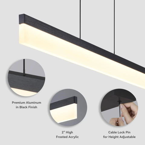 LED Linear Pendant Light 25W Black Hanging Bar Fixture For Kitchen Island And Dining Area showing materials and adjustable cable
