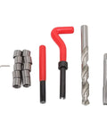 Heavy Duty M12 X 1.25 Thread Repair Kit With High Strength HSS Steel Inserts For Damaged Threads, Includes Drill Bits And Taps, Auto Engine Repair Tools With Red Handle. Kit parts laid out on white background