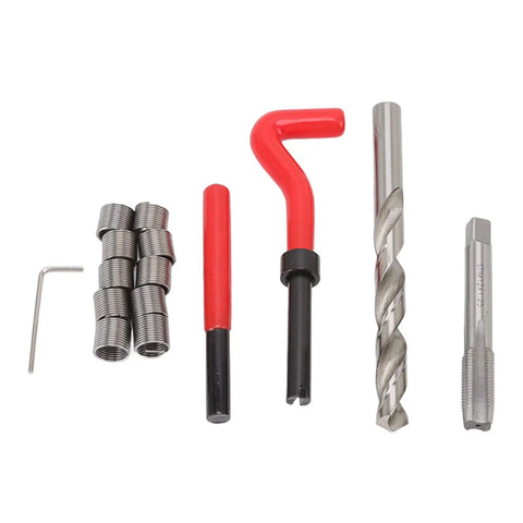 M12x1.25 Thread Repair Kit For Damaged Threads, Heavy Duty Pro Grade Threaded Inserts With Drill Bit, Tap, Installation And Break Tools, Complete Auto And Engine Repair Set, Red, with inserts, drill bit and tap