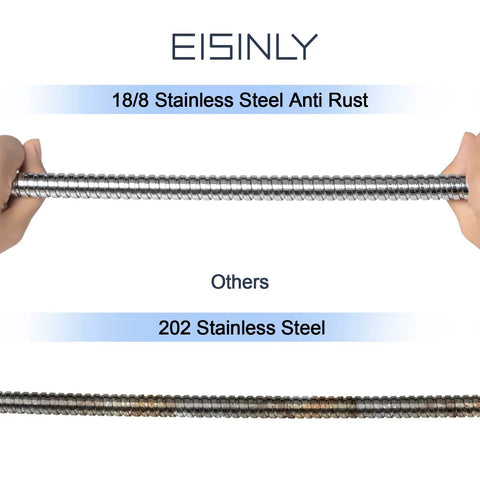 Comparison of 18/8 stainless steel anti-rust and 202 stainless steel, highlighting durability of Extra Long 79 Inch Stainless Steel Shower Hose