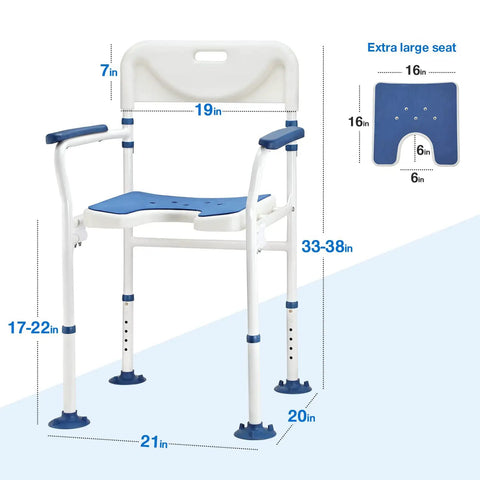 Bariatric Shower Chair Heavy Duty Foldable Bath Bench With Extra Wide Seat And Private Washing Cutout 350 lb capacity, dimensions shown