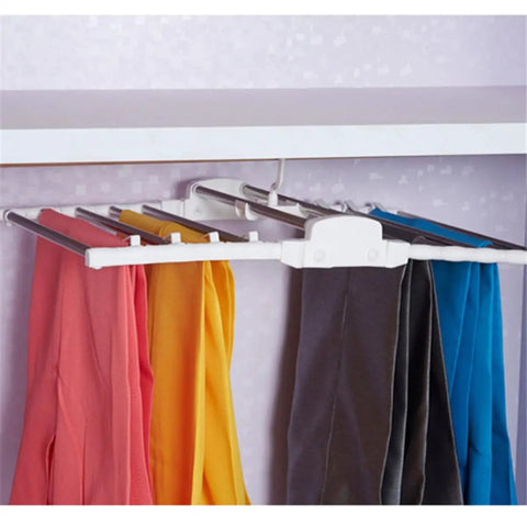 Heavy Duty Foldable Multi Layer Pants Hangers Crafted From Durable Stainless Steel For A Zero Hassle Space Saving Closet Setup with colorful pants.