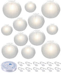 12 Pack White LED Paper Lanterns With Hanging Lights Includes 6 8 10 And 12 Inch Sizes Battery Powered LEDs Clear Fishing Line