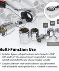 Low Profile Pass-Through Socket Wrench Set with 52 spline sockets, SAE and metric sizes, go-through ratchet adapters displayed
