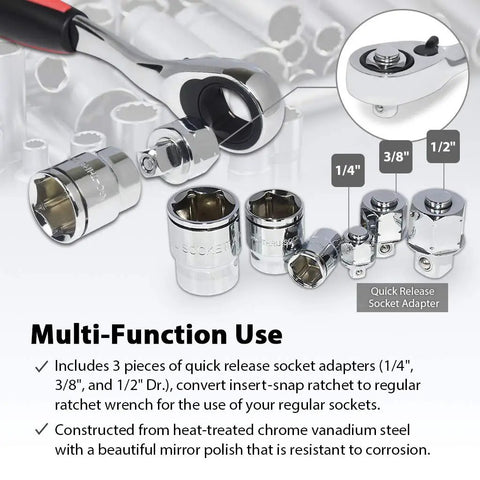 Low Profile Pass-Through Socket Wrench Set with 52 spline sockets, SAE and metric sizes, go-through ratchet adapters displayed