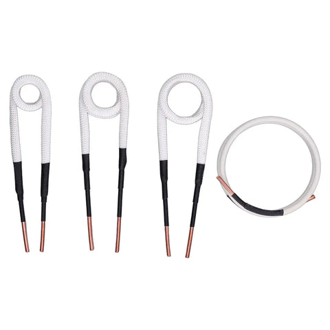 Heavy Duty 4 Pack Induction Heating Coil Kit Featuring Thick Brass Core Wire Built For No Sweat Nut Removal And Quick Carry Out Automotive Gear Bearing Heat Treatments, showing four coils in various sizes.