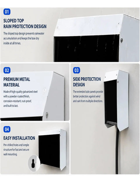 Beefed Up Wall Mounted EV Charger Weather Cover Rust Resistant Outdoor Armor For Home Plug In Station Rain Guard features sloped top design.