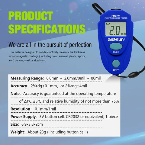 Handheld Portable Paint Coating Thickness Meter 0 To 2 Mm Non Destructive Tester For Iron Steel And Aluminum With Auto Shut Off For Quick Accurate Coating Readings On The Go Field Use And Easy Operation With Clear Consistent Readouts, blue digital tester